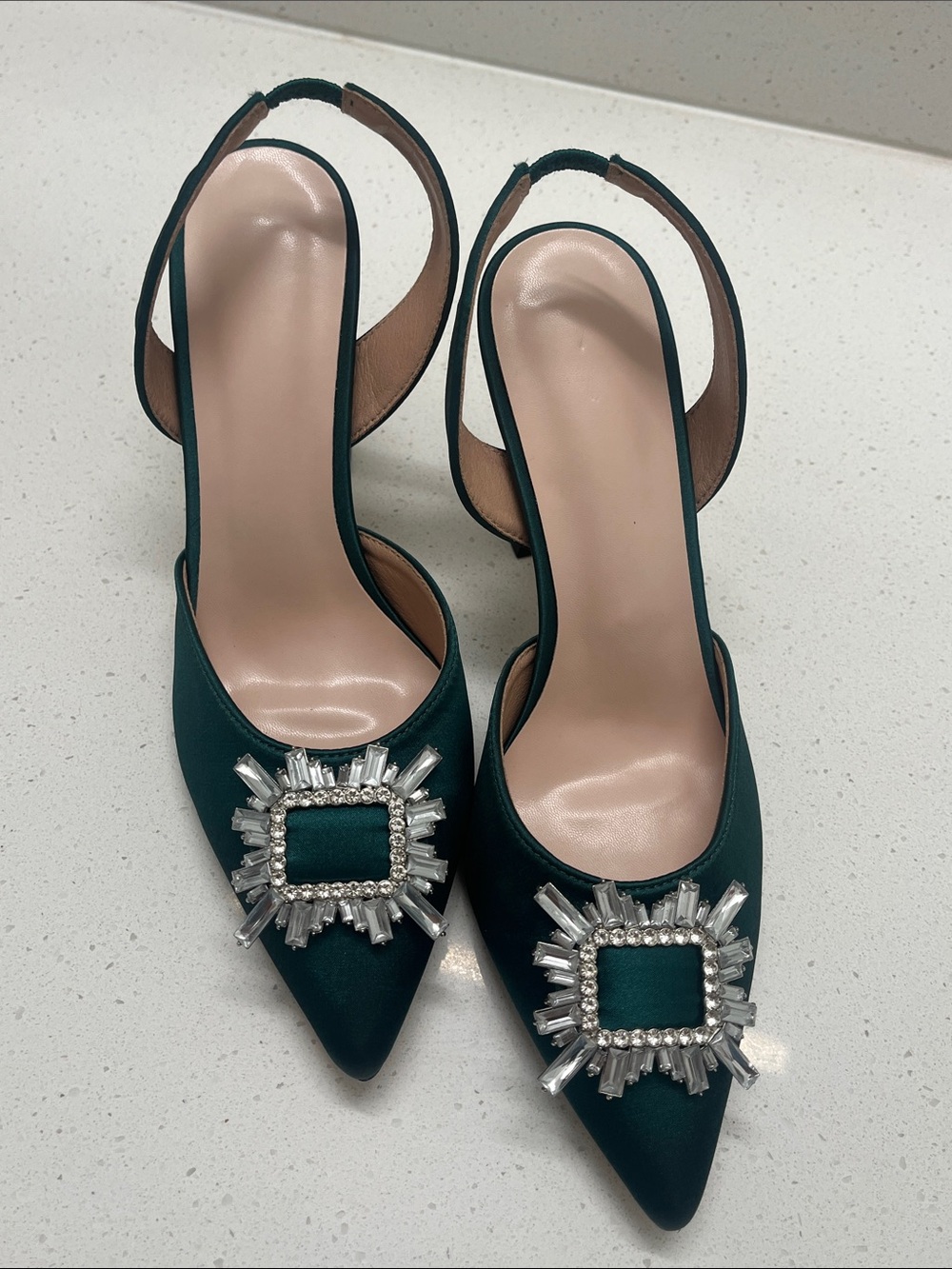 Emerald Green Pointed Slingback Heels with Crystal Buckle